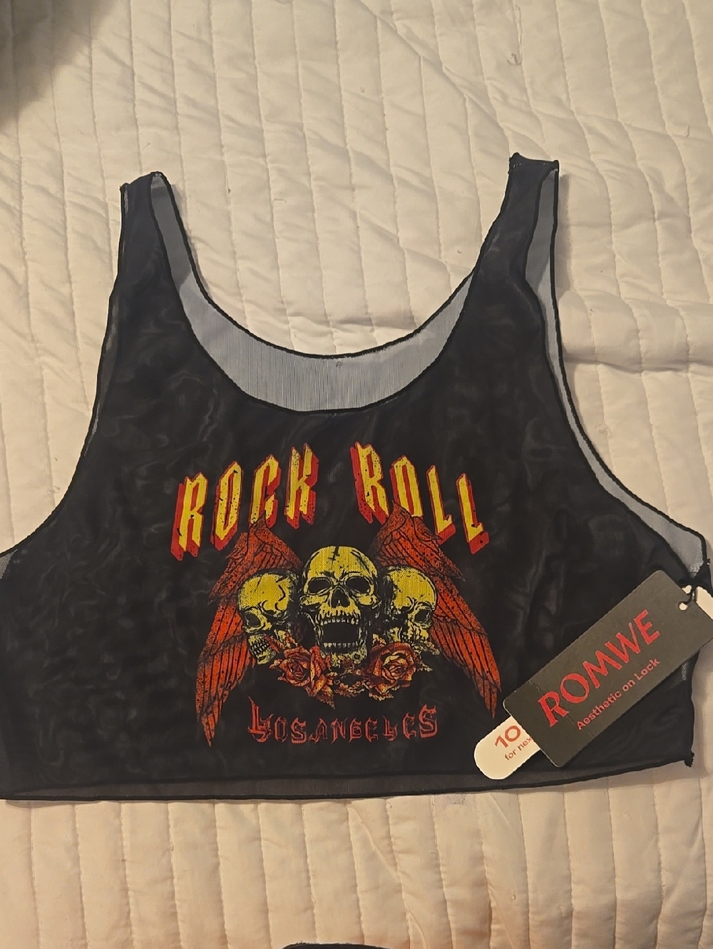 ROMWE Black Crop Tank Yellow Red Skull Graphic NWT MESH ROCK ROLL LOS ANGELES